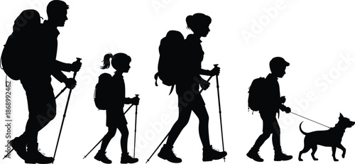 Hiking family silhouette with parents children backpacks trekking poles and dog outdoor adventure walking isolated black vector illustration