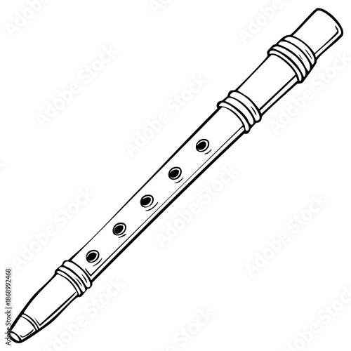 Hand-drawn illustration of a wooden recorder instrument with finger holes and rings