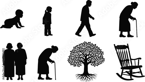 Human life cycle silhouette showing baby child adult elderly aging stages growth tree chair isolated black vector illustration set design