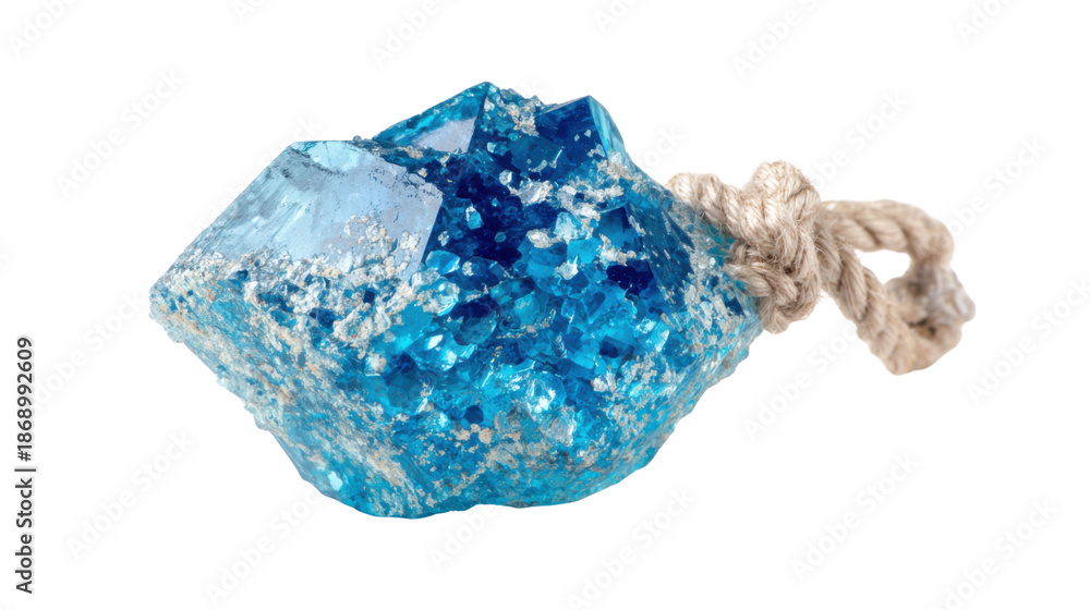 Fototapeta premium Blue crystal geode with a rope for climbing or lifting, concept of strength and discovery, transparent background