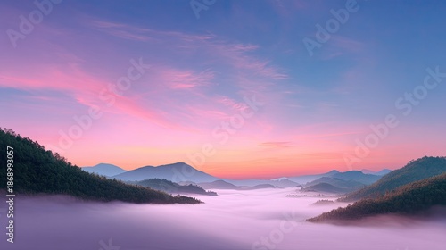 Wallpaper Mural Serene Dawn Over Misty Mountains with Soft Pastel Sky and Deceptively Tranquil Landscape, Perfect for Nature, Travel, and Meditation Themes Torontodigital.ca