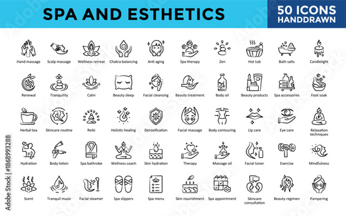 Spa and Esthetics icons set with hand massage, spa therapy, detoxification, facial massage, beauty treatment, and spa appointment icon. Simple hand drawn vector 
