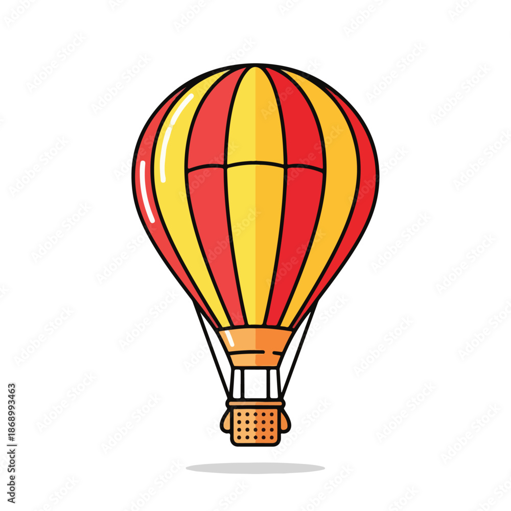 Fototapeta premium A colorful hot air balloon with a red basket flies high in the sky, representing a fun travel adventure and freedom in this isolated vector illustration of air transportation