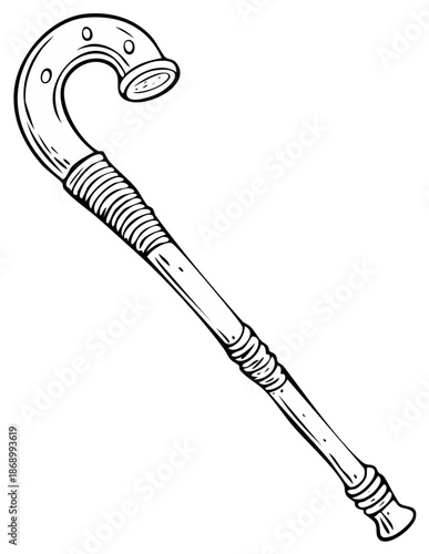 Stylized wooden walking cane with decorative handle and textured details line art