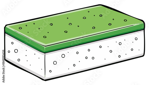 Simple graphic illustration of a green and white rectangular cleaning sponge for household chores