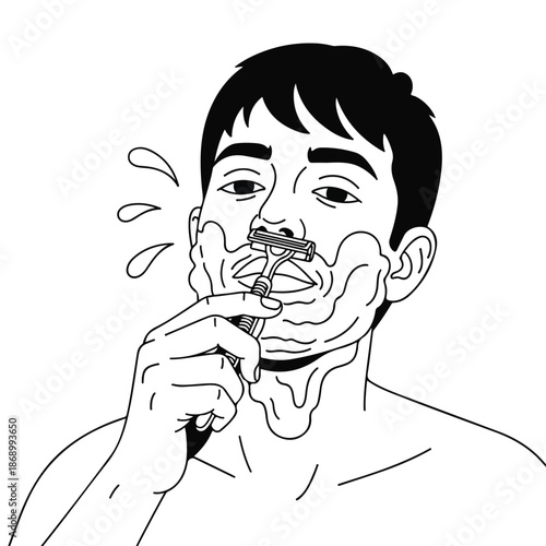 Funny cartoon vector illustration of a little boy with a toy and a big smile featuring a hand-drawn comic character face and head for a fun kid sketch