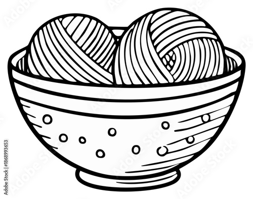 Black and white drawing of knitting yarn balls resting in a dotted bowl