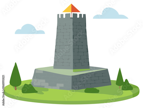 Illustration of a stone tower on a green hill with clouds
