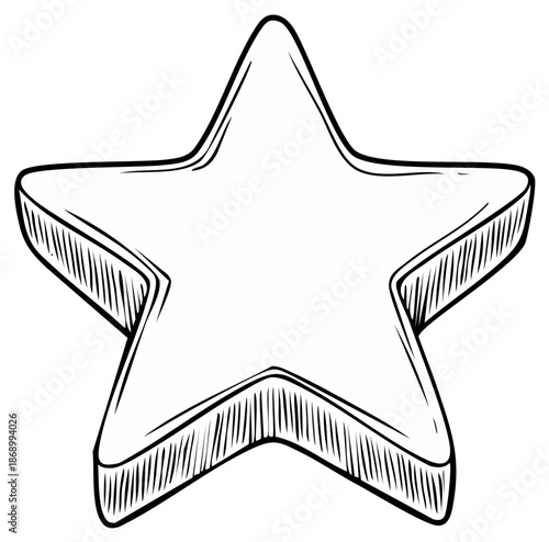 Hand drawn three dimensional star sketch with hatching line art for award and rating symbol