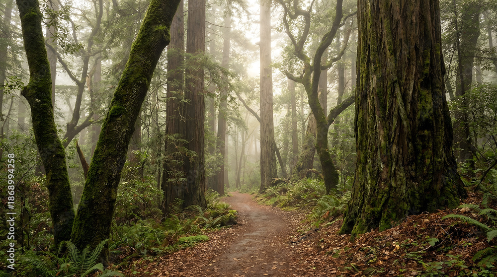 Obraz premium Peaceful forest pathway surrounded by tall trees with soft diffused light, representing nature, relaxation, and outdoor exploration.