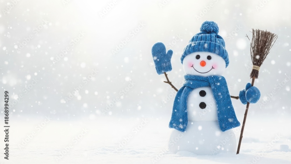 Fototapeta premium Snowman with broom and mittens isolated on white background