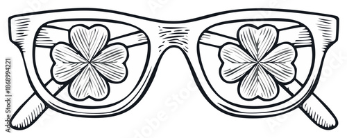Hand drawn retro sunglasses reflecting lucky four leaf clovers for Irish celebration