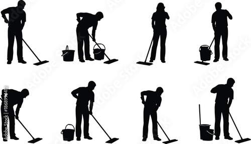 Black cleaner silhouette collection, professional janitor vector set, people mopping floor with bucket, cleaning service icons isolated on white background, housework chores