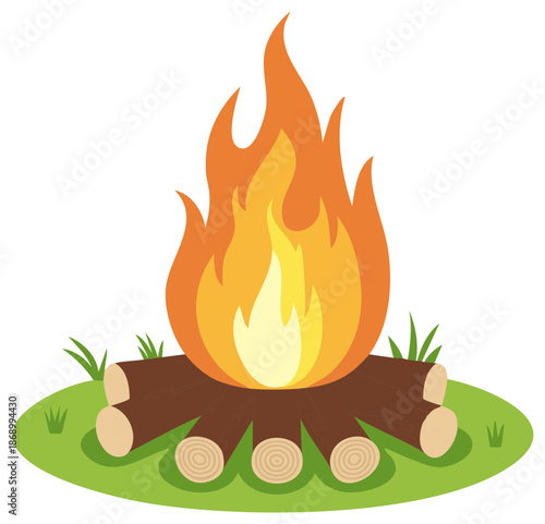 Cartoon campfire with burning logs and warm flames. Bonfire vector illustration for camping and outdoor concepts.