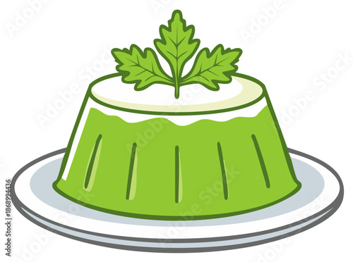 Green gelatin dessert mold with parsley garnish on a plate vector illustration