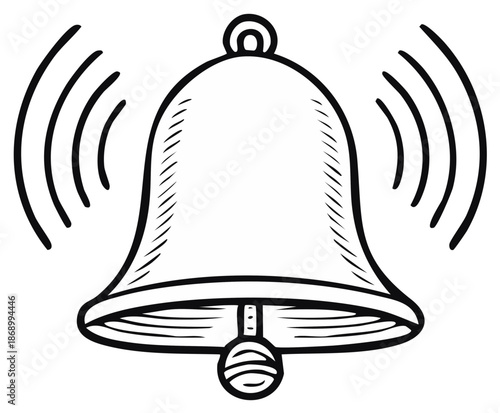 Ringing bell illustration with sound waves, hand drawn vector design of the old metallic ringing bell icon