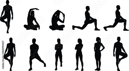 Black fitness silhouettes set, men and women in yoga poses and stretching exercises, workout collection isolated on white background, healthy lifestyle vector.