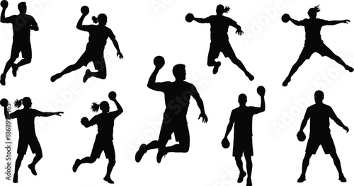 Black handball player silhouette collection, team sports vector set, athletes throwing ball, jumping and running icons isolated on white background, competition gameBlack handball player silhouette 