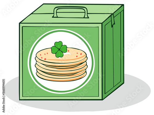 Festive Green Gift Box with Stack of Pancakes Topped with Four Leaf Clover Cartoon Illustration