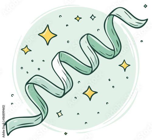 Whimsical green ribbon twirling with sparkling stars and confetti