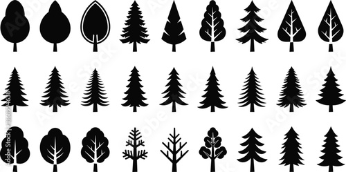 Black tree silhouette collection, pine and fir forest icons, deciduous plants vector set, nature elements isolated on white background, coniferous woodland graphics bundle