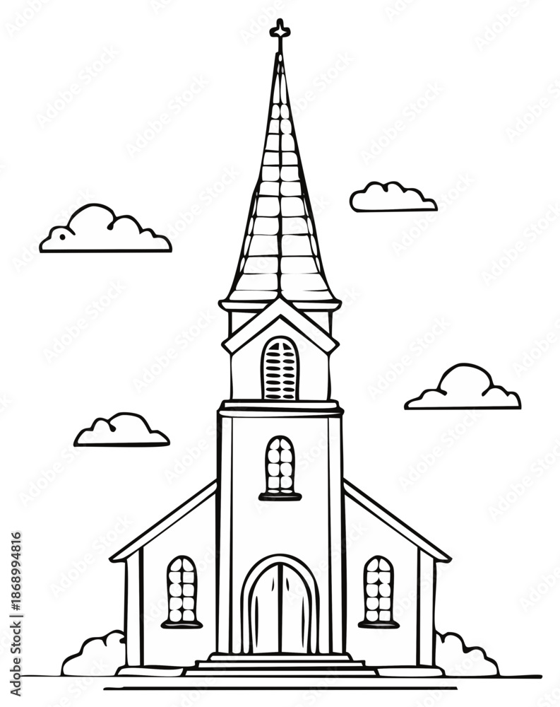 Obraz premium Church Outline Drawing of Traditional Place of Worship with Spire and Clouds