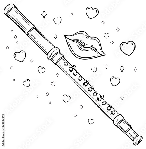 Line Art Flute With Hearts and Lips Decorations