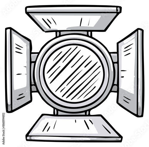 Hand-drawn illustration of a four-way spotlight fixture, symbolizing illumination and creative production.