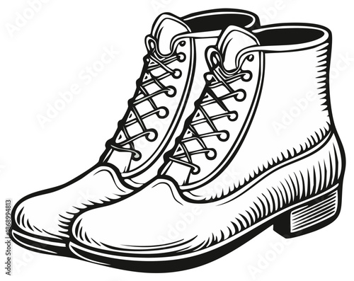 Vintage style work boots with laces in a monochrome vector line art illustration