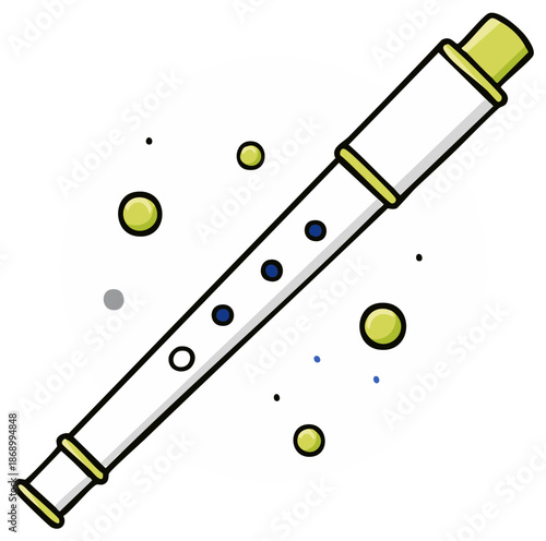 White recorder flute with green accents cartoon illustration musical instrument