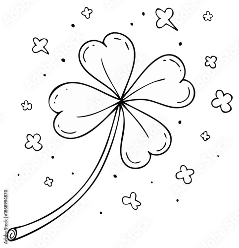 Outlined illustration of a lucky four-leaf clover and surrounding clovers.