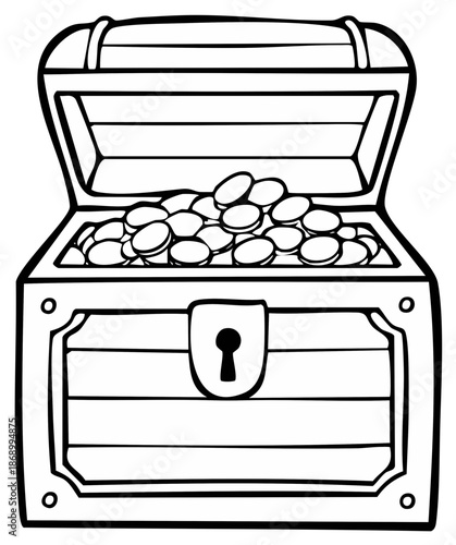 Simple black and white line art of an open treasure chest full of gold coins for a coloring book page