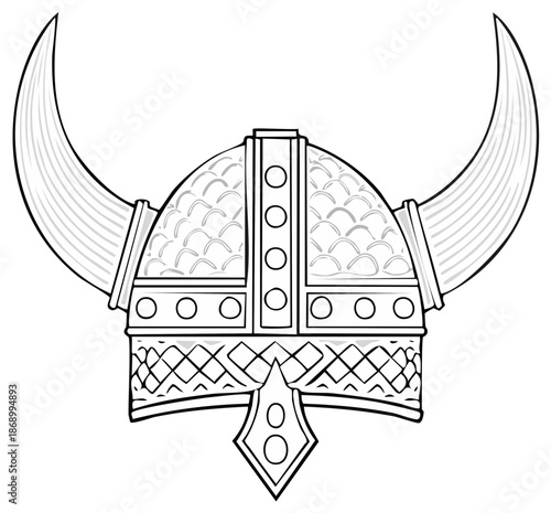 Horned Viking Helmet Outline Illustration Warrior Helmet Scandinavian Design