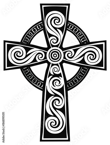 Celtic Cross Intricate Black and White Design with Ornate Swirls and Circular Halo Symbolizing Faith and Heritage