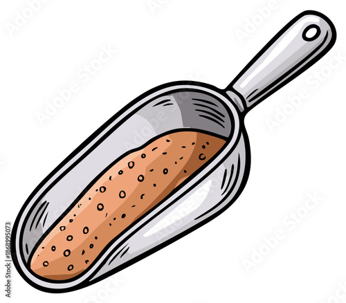 Cartoon Illustration of a Metal Scoop with Brown Granules