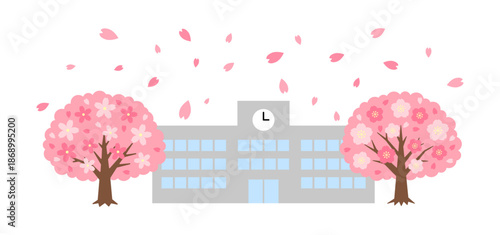 桜が舞う学校の校舎のイラスト（入学・卒業のイメージ）