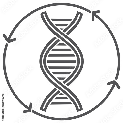 Line art DNA molecule with circular arrows showing process of growth or evolution
