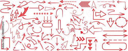Collection of various hand drawn red arrow icons showing different directions movement and navigation elements.