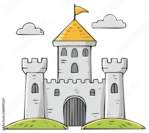 Whimsical cartoon castle with flag, majestic towers, main gate, and clouds