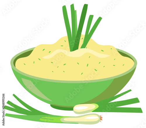 Creamy dip garnished with chives served in a green bowl, a tasty appetizer, vector illustration