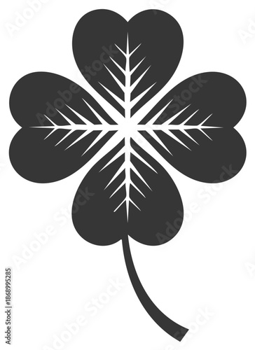 Black and white four-leaf clover symbol with stem, good luck emblem.