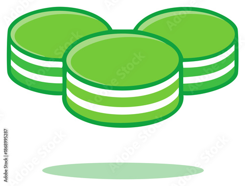 Three green and white striped circular disks arranged as a graphic element for databases, server farms or accounting concepts