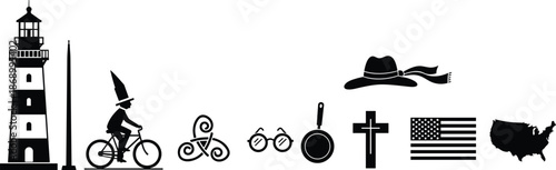 American culture icons silhouette illustration featuring lighthouse cyclist hat glasses pan cross flag map isolated black vector set