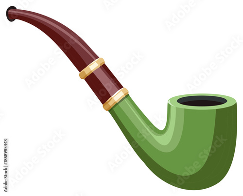 Vintage Style Green and Brown Smoking Pipe, Curved Stem with Gold Rings.