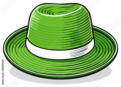 Illustration of Green Fedora Hat with White Band Grooved Brim and Shadow