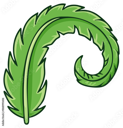 Cartoon illustration of a single green fern frond with a curly end on a white background