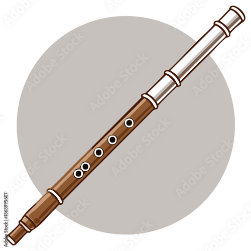 Stylized graphic illustration of a classic wooden flute with metal details and finger holes