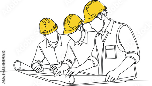 Continuous line drawing of architects and engineers discussing blueprints wearing yellow hard hats, minimalist construction team planning meeting vector illustration.