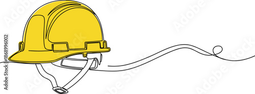 Continuous line drawing of engineer in yellow hard hat holding clipboard, construction site inspection, industrial safety management, architectural professional, minimalist.