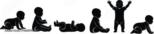 Baby growth stages silhouette illustration showing infant development milestones from crawling sitting rolling standing walking isolated black vector set